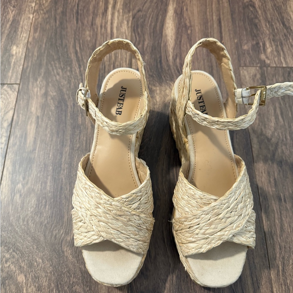 JustFab Cream Woven Wedge Sandals